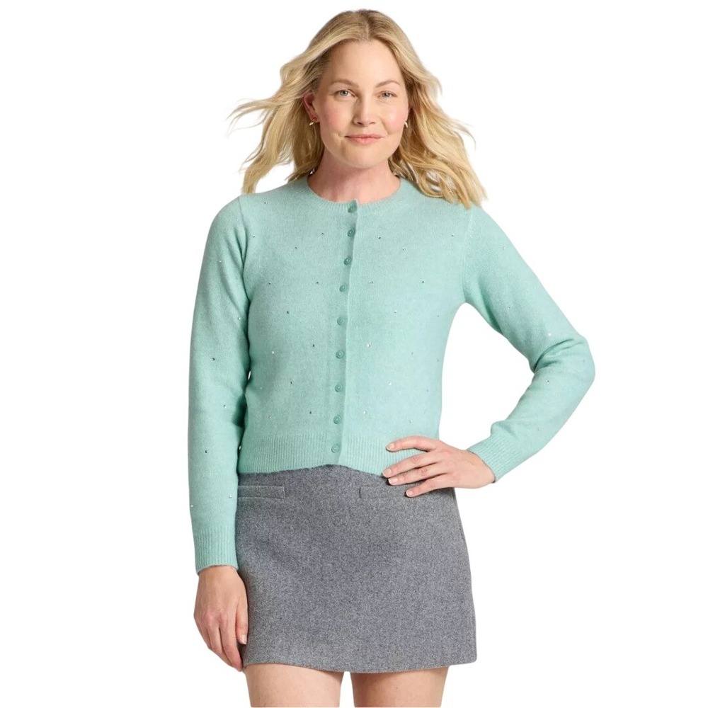 A New Day Women's Light Blue Rhinestone‎ Embellished Cardigan Sweater Size XS